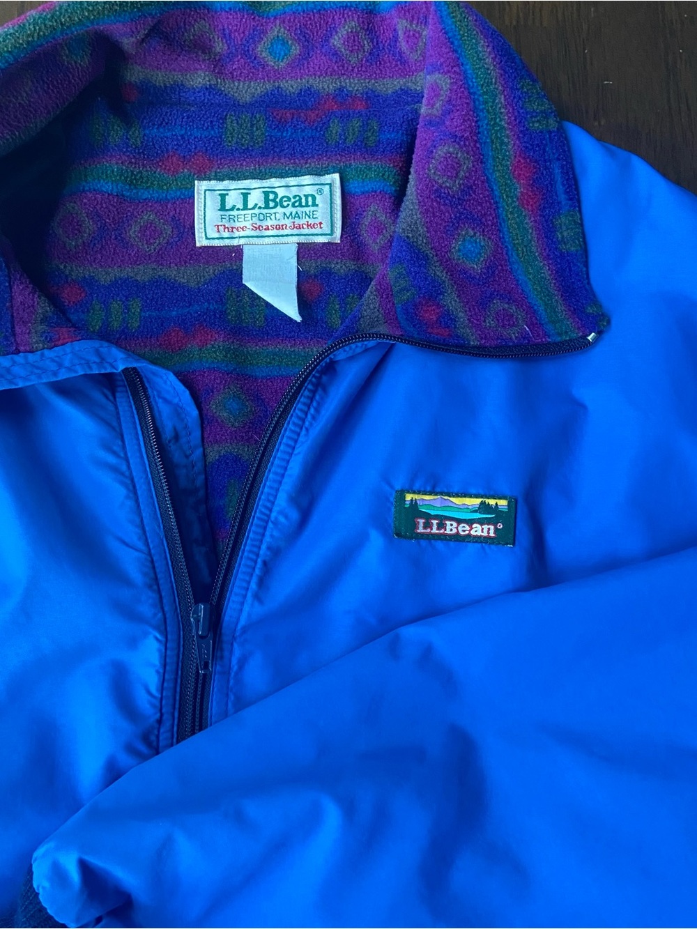 L.L. Bean Vintage Three Season Jacket Men’s L Blue Aztec Pattern Fleece Lining